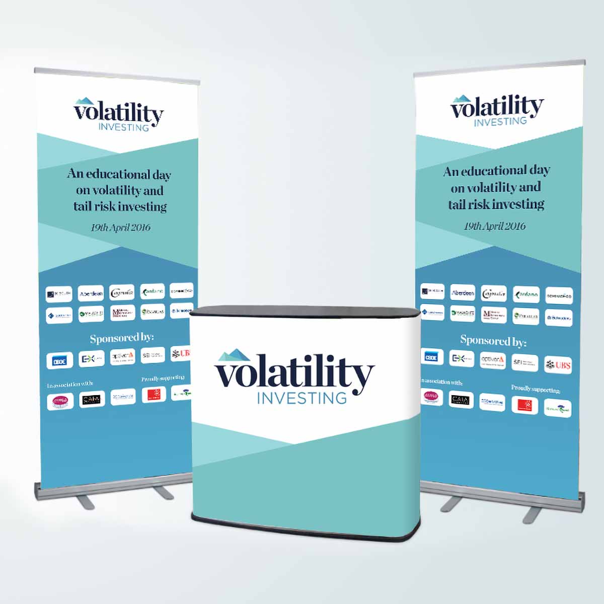 Apple Capital | Reception stand graphic wrap with two roll-up banners